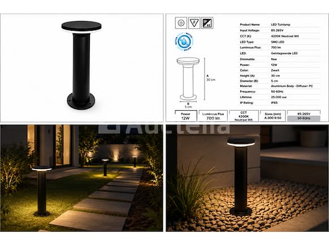 6 x led buiten sokkel lamp – 12w – 4200k neutraal wit - zwart – ip65 – dexter-2 - afbeelding 4 van  5