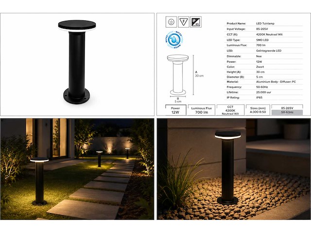 6 x led buiten sokkel lamp – 12w – 4200k neutraal wit - zwart – ip65 – dexter-2 - afbeelding 2 van  7