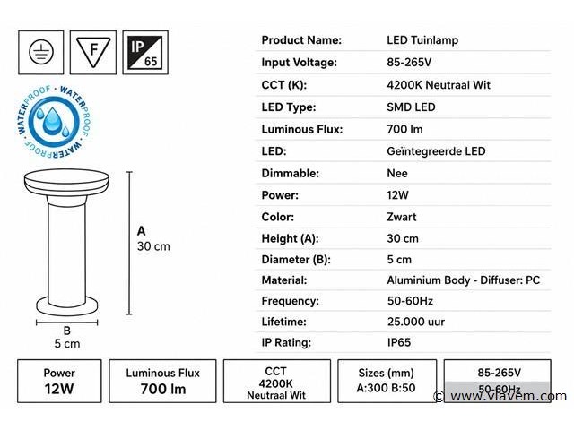 6 x led buiten sokkel lamp – 12w – 4200k neutraal wit - zwart – ip65 – dexter-2 - afbeelding 4 van  5