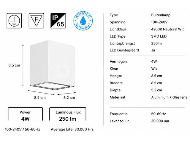 6 x led buiten wandlamp – 4w – 4200k neutraal wit - wit – ip65 – sekoya - afbeelding 4 van  5