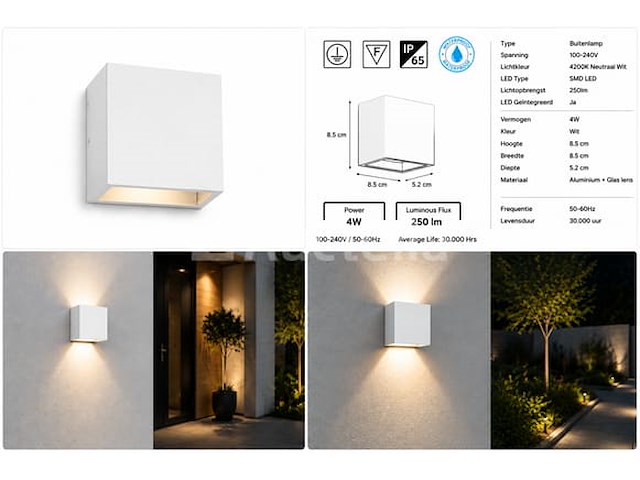 6 x led buiten wandlamp – 4w – 4200k neutraal wit - wit – ip65 – sekoya - afbeelding 5 van  5