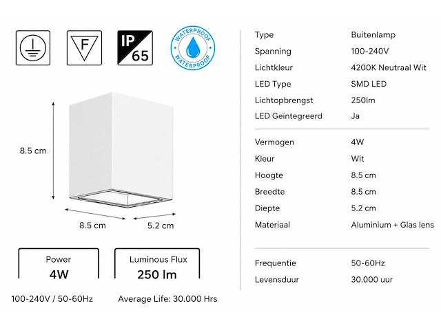 6 x led buiten wandlamp – 4w – 4200k neutraal wit - wit – ip65 – sekoya - afbeelding 8 van  13