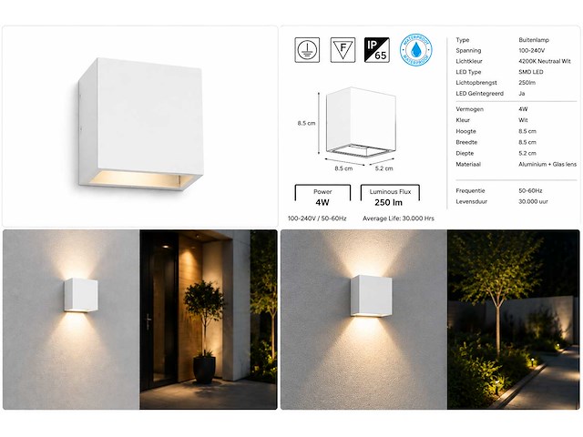 6 x led buiten wandlamp – 4w – 4200k neutraal wit - wit – ip65 – sekoya - afbeelding 9 van  13