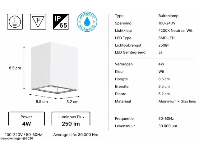 6 x led buiten wandlamp – 4w – 4200k neutraal wit - wit – ip65 – sekoya - afbeelding 5 van  6