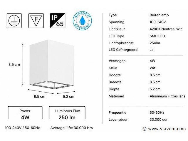 6 x led buiten wandlamp – 4w – 4200k neutraal wit - wit – ip65 – sekoya - afbeelding 4 van  5