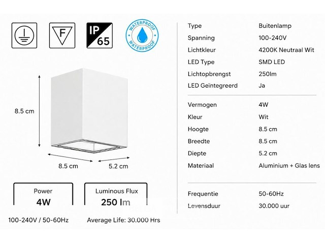 6 x led buiten wandlamp – 4w – 4200k neutraal wit - wit – ip65 – sekoya - afbeelding 5 van  6