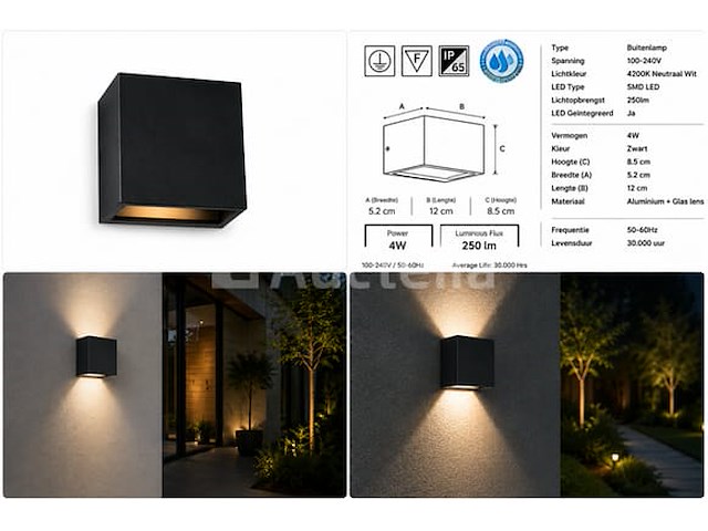 6 x led buiten wandlamp – 4w – 4200k neutraal wit - zwart – ip65 – sekoya - afbeelding 2 van  5