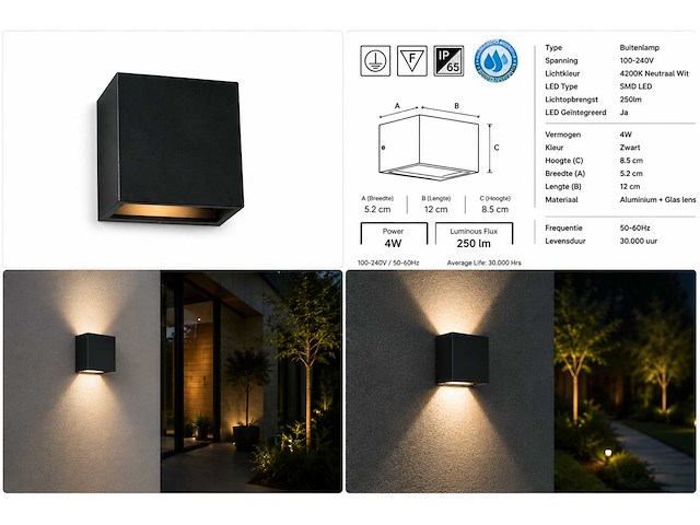 6 x led buiten wandlamp – 4w – 4200k neutraal wit - zwart – ip65 – sekoya - afbeelding 7 van  15