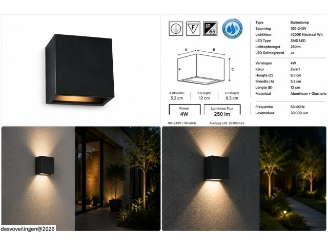 6 x led buiten wandlamp – 4w – 4200k neutraal wit - zwart – ip65 – sekoya - afbeelding 6 van  6