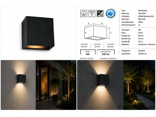6 x led buiten wandlamp – 4w – 4200k neutraal wit - zwart – ip65 – sekoya - afbeelding 5 van  5