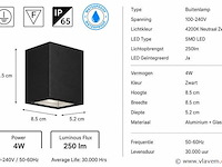 6 x led buiten wandlamp – 4w – 4200k neutraal wit - zwart – ip65 – sekoya - afbeelding 4 van  5