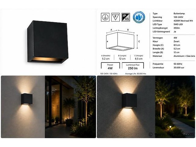 6 x led buiten wandlamp – 4w – 4200k neutraal wit - zwart – ip65 – sekoya - afbeelding 5 van  5