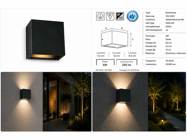6 x led buiten wandlamp – 4w – 4200k neutraal wit - zwart – ip65 – sekoya - afbeelding 7 van  15