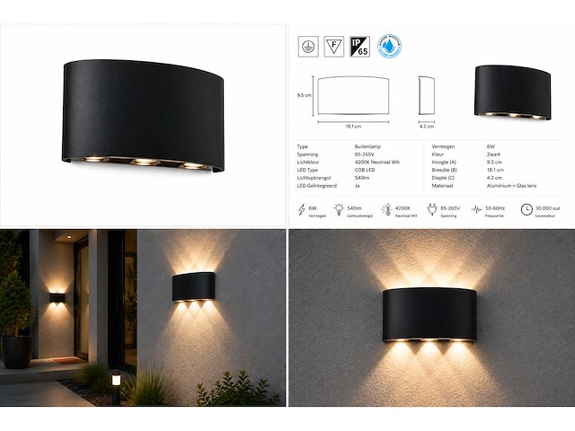 6 x led buiten wandlamp – 6w – 4200k neutraal wit - zwart – ip65 – proton-6 - afbeelding 2 van  15
