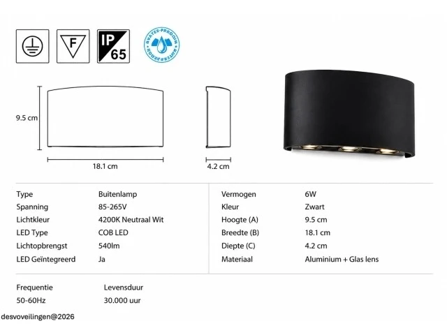 6 x led buiten wandlamp – 6w – 4200k neutraal wit - zwart – ip65 – proton-6 - afbeelding 5 van  6