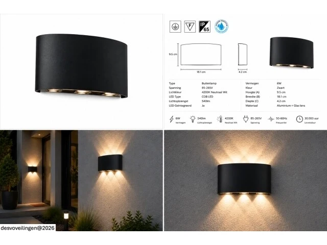 6 x led buiten wandlamp – 6w – 4200k neutraal wit - zwart – ip65 – proton-6 - afbeelding 6 van  6