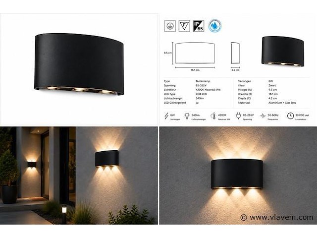 6 x led buiten wandlamp – 6w – 4200k neutraal wit - zwart – ip65 – proton-6 - afbeelding 5 van  5