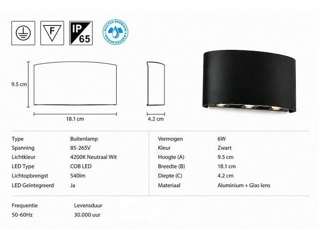 6 x led buiten wandlamp – 6w – 4200k neutraal wit - zwart – ip65 – proton-6 - afbeelding 5 van  6