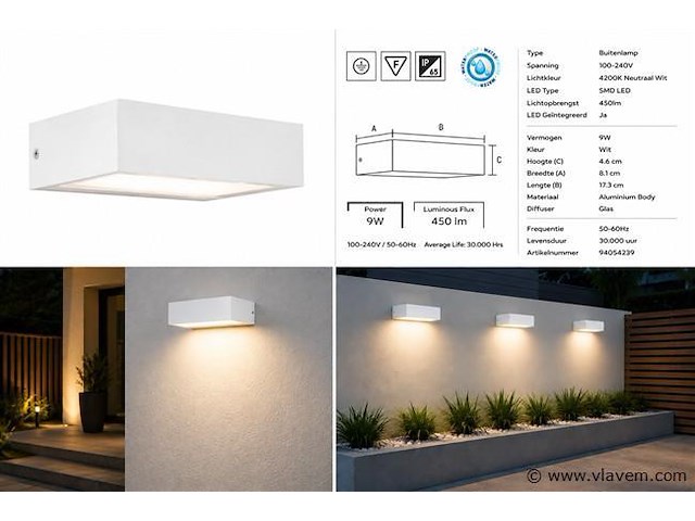 6 x led buiten wandlamp – 9w – 4200k neutraal wit - wit – ip65 – andiz - afbeelding 5 van  5