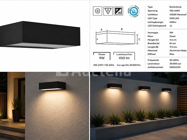 6 x led buiten wandlamp – 9w – 4200k neutraal wit - zwart – ip65 – andiz - afbeelding 1 van  5
