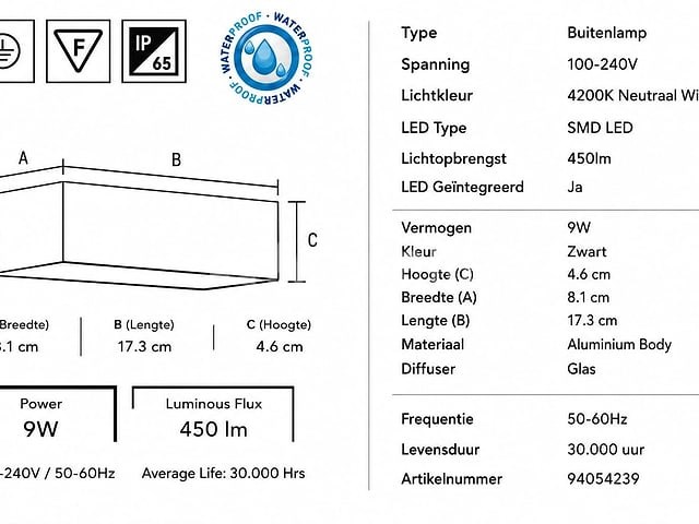 6 x led buiten wandlamp – 9w – 4200k neutraal wit - zwart – ip65 – andiz - afbeelding 5 van  5