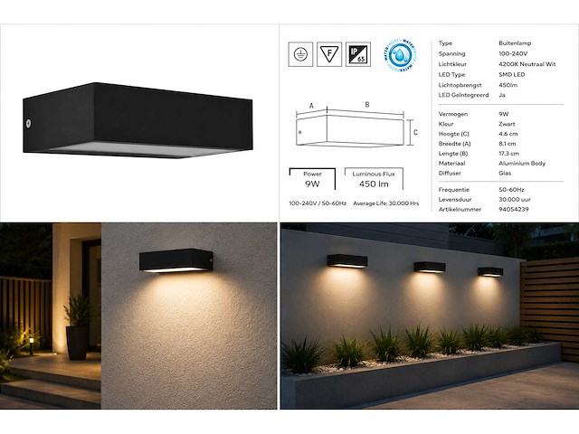 6 x led buiten wandlamp – 9w – 4200k neutraal wit - zwart – ip65 – andiz - afbeelding 2 van  15