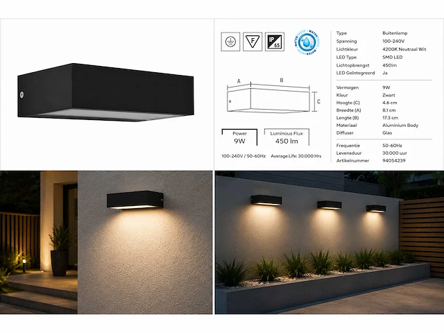 6 x led buiten wandlamp – 9w – 4200k neutraal wit - zwart – ip65 – andiz - afbeelding 7 van  15