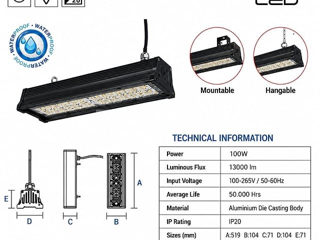 6 x led industriële hanglamp 100w – 6400k koud wit - zwart – ip20 – pyramid-100 - afbeelding 1 van  5