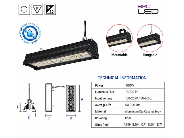 6 x led industriële hanglamp 100w – 6400k koud wit - zwart – ip20 – pyramid-100 - afbeelding 4 van  5