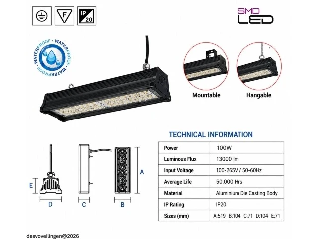 6 x led industriële hanglamp 100w – 6400k koud wit - zwart – ip20 – pyramid-100 - afbeelding 5 van  6