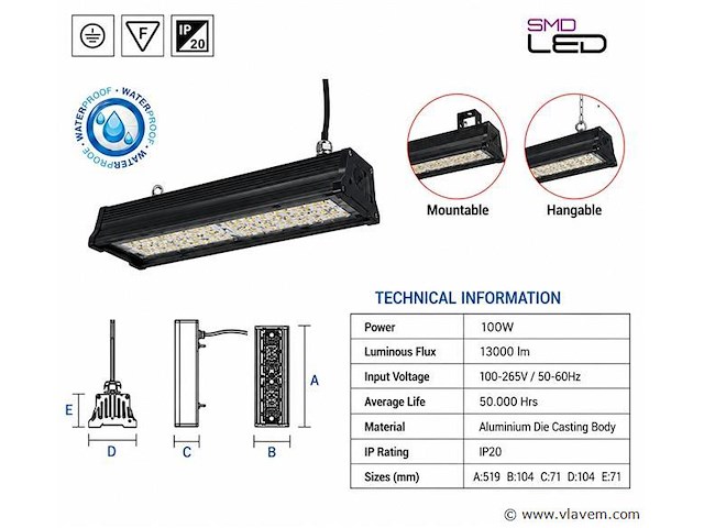 6 x led industriële hanglamp 100w – 6400k koud wit - zwart – ip20 – pyramid-100 - afbeelding 4 van  5