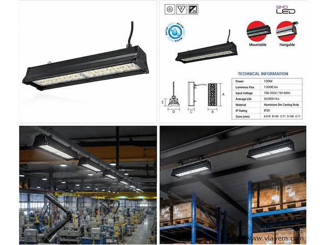 6 x led industriële hanglamp 100w – 6400k koud wit - zwart – ip20 – pyramid-100 - afbeelding 5 van  5