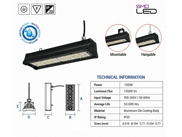 6 x led industriële hanglamp 100w – 6400k koud wit - zwart – ip20 – pyramid-100 - afbeelding 5 van  6