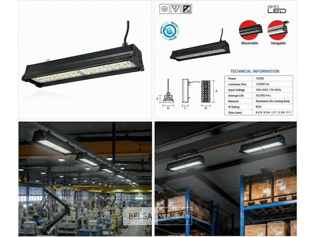 6 x led industriële hanglamp 100w – 6400k koud wit - zwart – ip20 – pyramid-100 - afbeelding 6 van  6