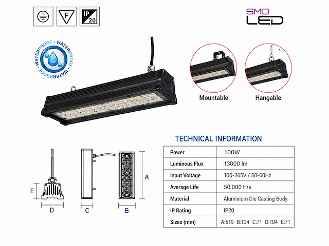 6 x led industriële hanglamp 100w – 6400k koud wit - zwart – ip20 – pyramid-100 - afbeelding 4 van  5