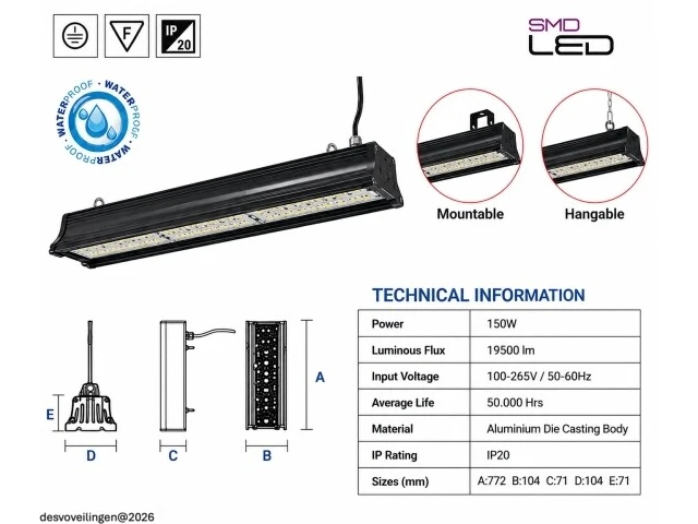 6 x led industriële hanglamp 150w – 6400k koud wit - zwart – ip20 – pyramid-150 - afbeelding 5 van  6