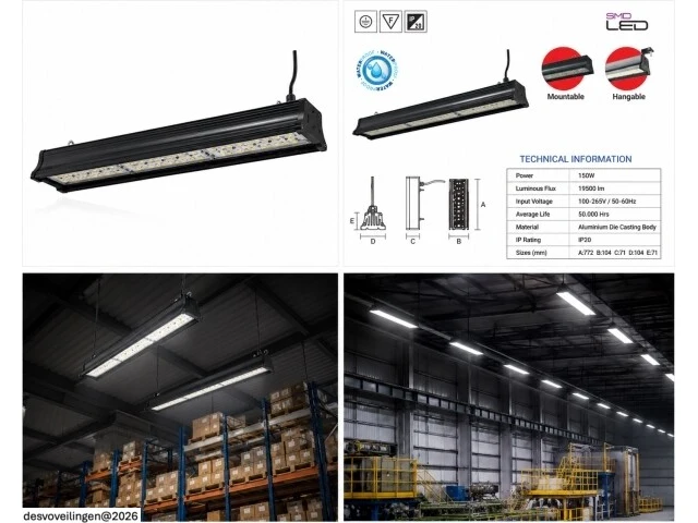 6 x led industriële hanglamp 150w – 6400k koud wit - zwart – ip20 – pyramid-150 - afbeelding 6 van  6