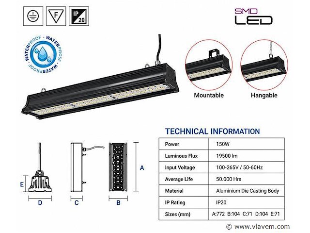 6 x led industriële hanglamp 150w – 6400k koud wit - zwart – ip20 – pyramid-150 - afbeelding 4 van  5