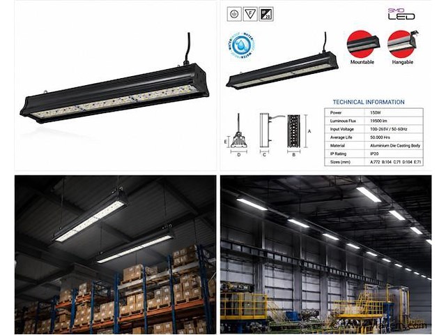 6 x led industriële hanglamp 150w – 6400k koud wit - zwart – ip20 – pyramid-150 - afbeelding 5 van  5