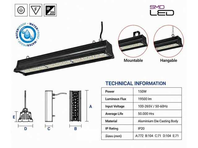 6 x led industriële hanglamp 150w – 6400k koud wit - zwart – ip20 – pyramid-150 - afbeelding 5 van  6
