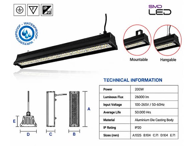 6 x led industriële hanglamp 200w – 6400k koud wit - zwart – ip20 – pyramid-200 - afbeelding 2 van  5