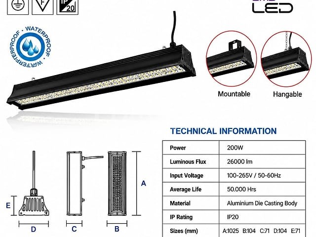 6 x led industriële hanglamp 200w – 6400k koud wit - zwart – ip20 – pyramid-200 - afbeelding 4 van  5
