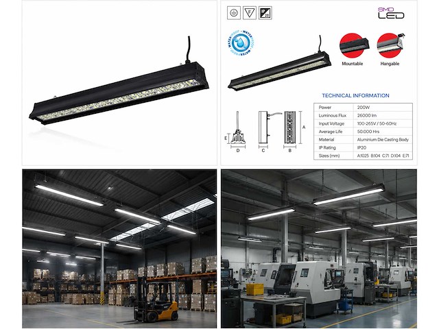 6 x led industriële hanglamp 200w – 6400k koud wit - zwart – ip20 – pyramid-200 - afbeelding 5 van  5