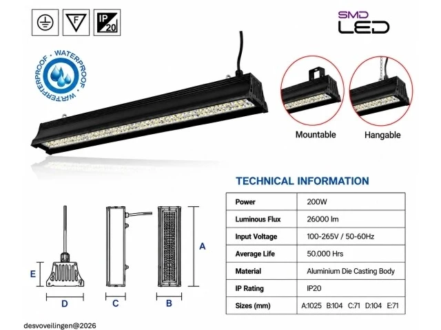 6 x led industriële hanglamp 200w – 6400k koud wit - zwart – ip20 – pyramid-200 - afbeelding 5 van  6