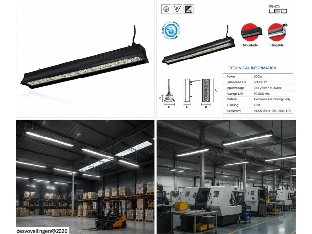6 x led industriële hanglamp 200w – 6400k koud wit - zwart – ip20 – pyramid-200 - afbeelding 6 van  6