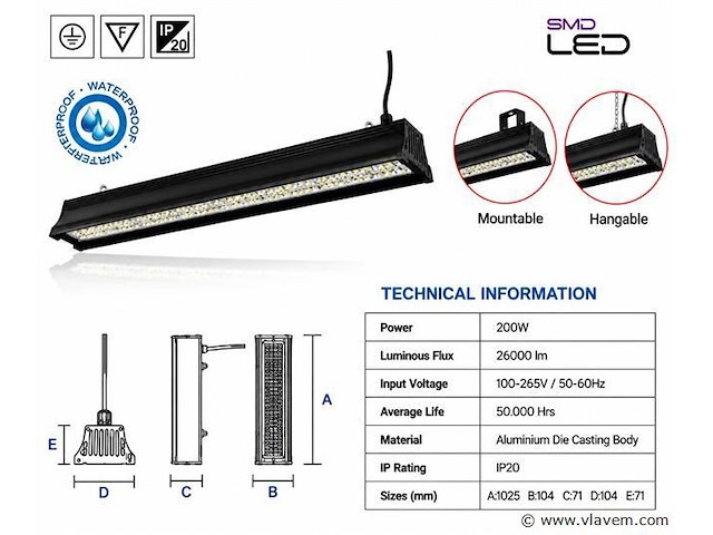 6 x led industriële hanglamp 200w – 6400k koud wit - zwart – ip20 – pyramid-200 - afbeelding 4 van  5