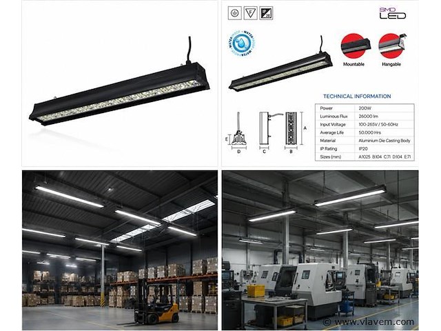 6 x led industriële hanglamp 200w – 6400k koud wit - zwart – ip20 – pyramid-200 - afbeelding 5 van  5