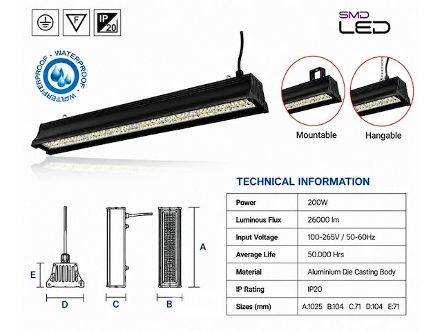 6 x led industriële hanglamp 200w – 6400k koud wit - zwart – ip20 – pyramid-200 - afbeelding 5 van  6