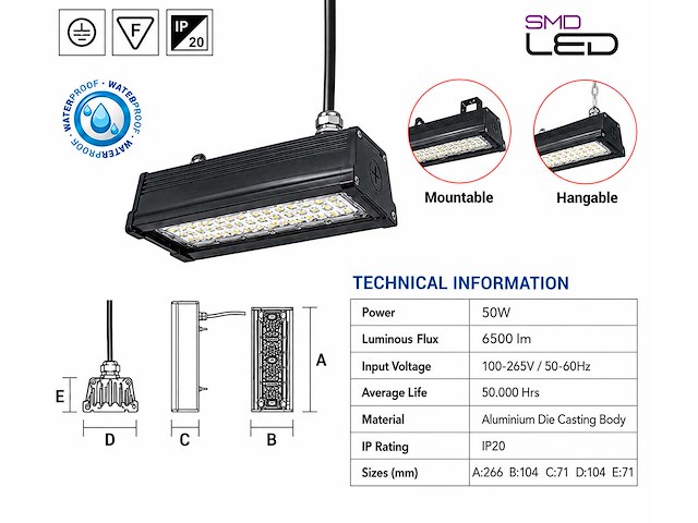 6 x led industriële hanglamp 50w – 6400k koud wit - zwart – ip20 – pyramid-50 - afbeelding 4 van  5