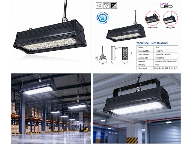 6 x led industriële hanglamp 50w – 6400k koud wit - zwart – ip20 – pyramid-50 - afbeelding 5 van  5